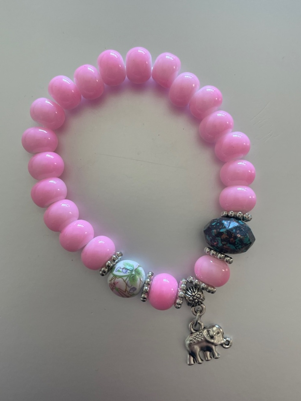 Pink Beaded Bracelet with Elephant Charm